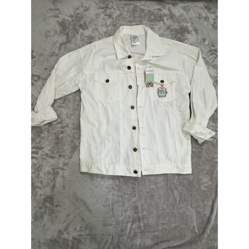 Pusheen Bobasheen White Denim Jacket Women's Size Small White Button Up NWT